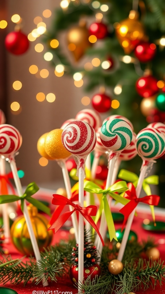 Colorful DIY Christmas lollipop decorations with ribbons on a festive table.